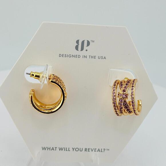 Bomb Party Hoop Earring “Luxe Is All You Need” Pink Corundum on Gold BOW Huggies - Picture 3 of 7